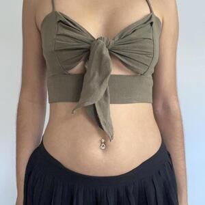 Khaki green tie front crop top, made for a night out